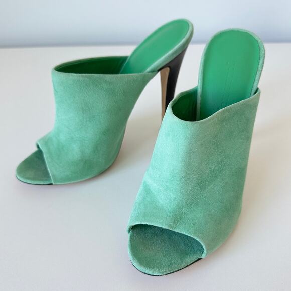 Jenni Kayne Green Suede Peep Toe Mule Heels Size 37 - Picture 4 of 14